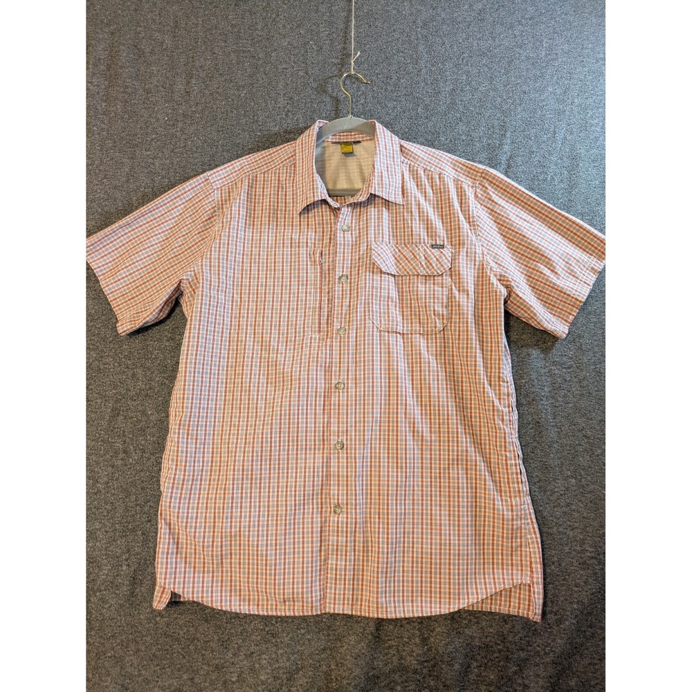 EDDIE BAUER Shirt Mens Size L Orange Plaid Short Sleeve Pocket Button Up